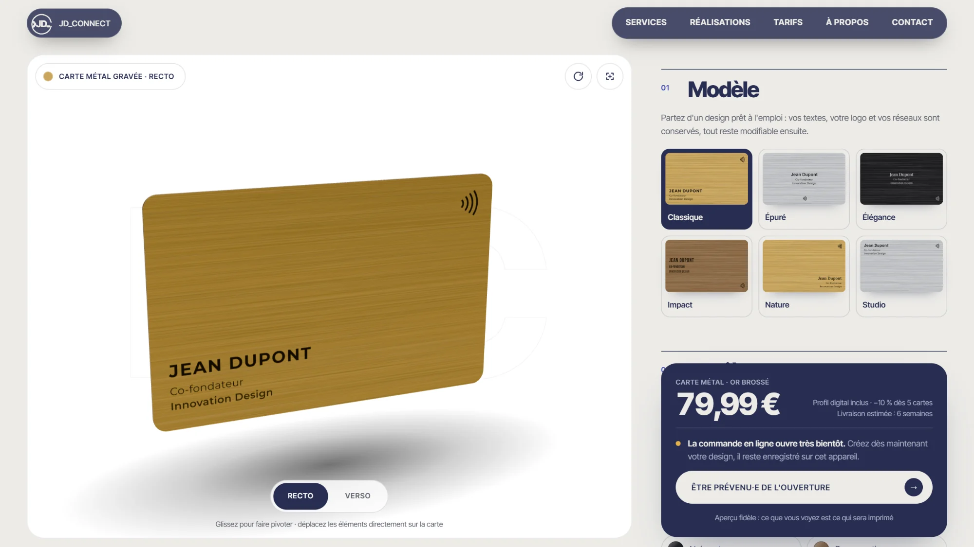 Le configurateur JD_Connect : carte NFC en métal or brossé en 3D sur fond blanc, choix du modèle et prix
