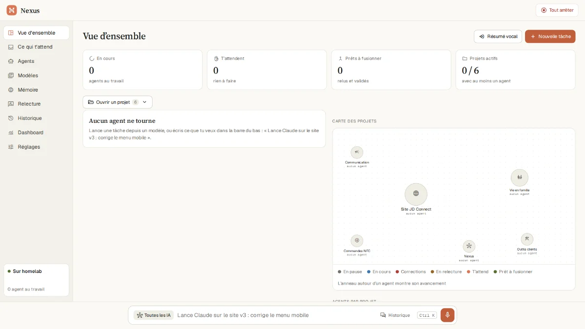 Vue d’ensemble de Nexus : agents en cours, tâches à valider et carte des projets