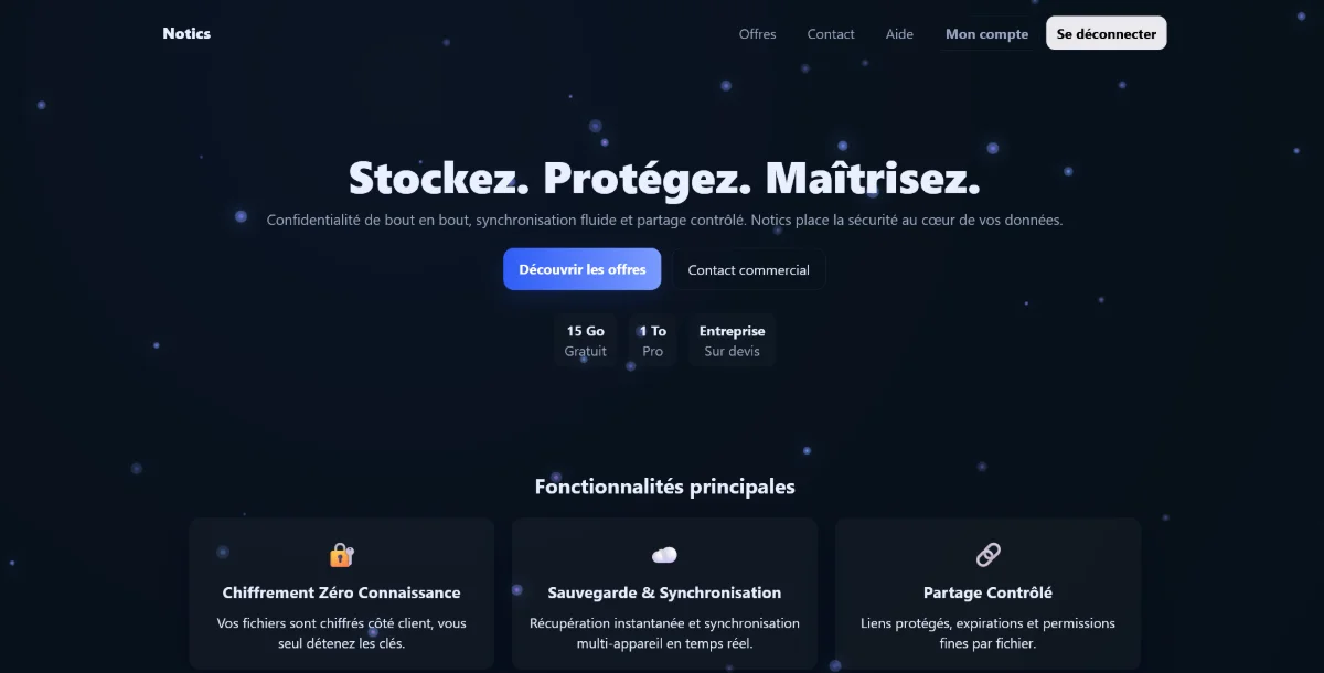 Interface de l’application de partage de fichiers Notics