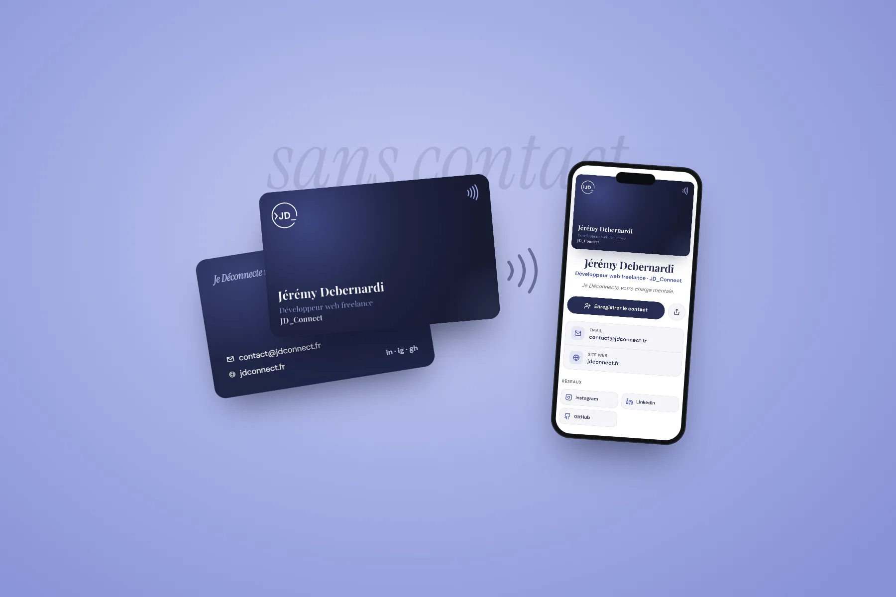 Carte de visite NFC JD_Connect et la page de contact ouverte sur un smartphone