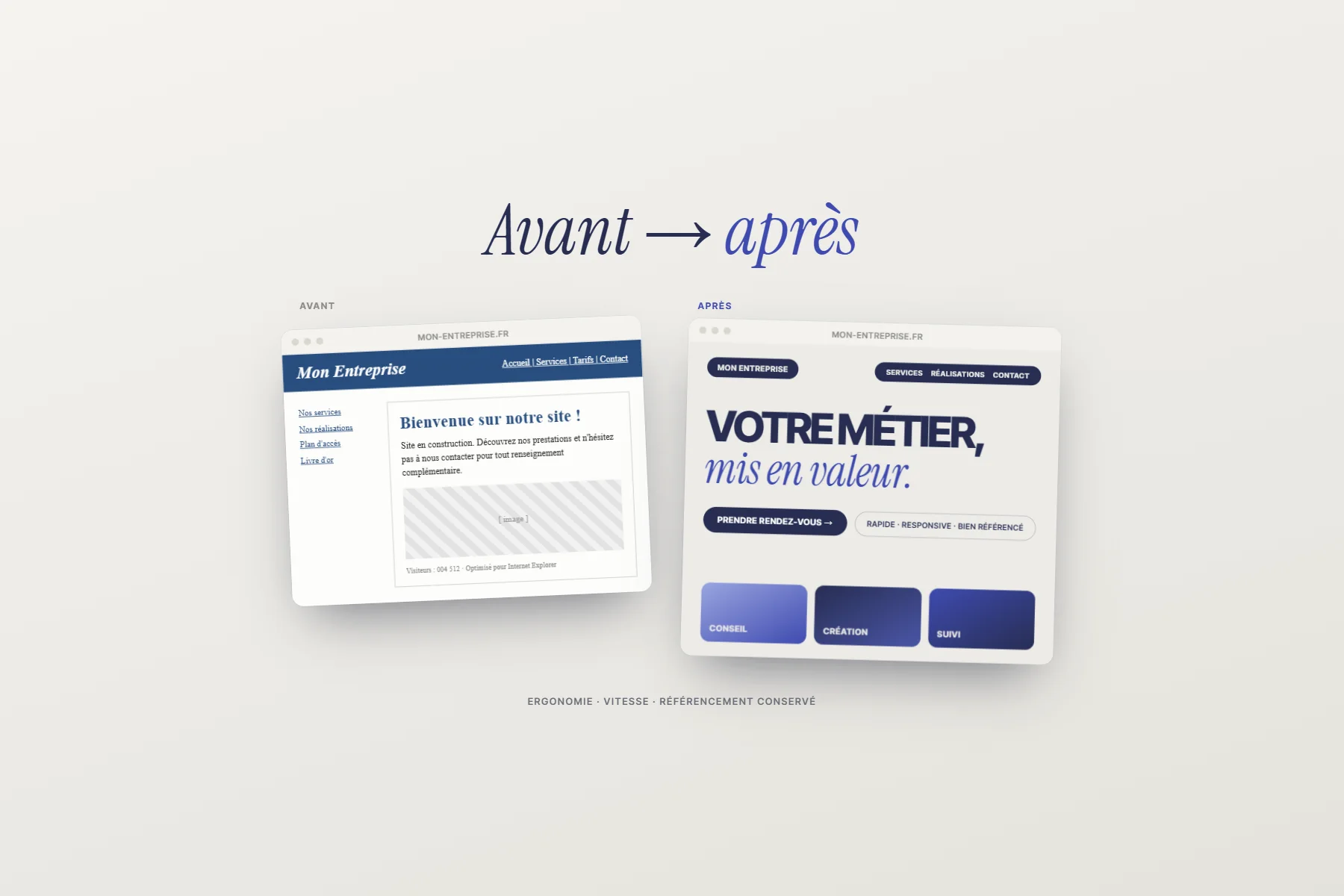 Refonte d’un site : l’ancienne version datée et la nouvelle, claire, rapide et bien référencée